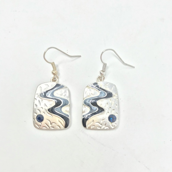 Earrings Silver Drops Enamel Black Blue Waves - Picture 1 of 2